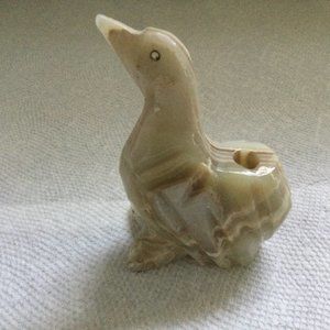 Small carved solid stone bird figurine pen holder onyx green white brown